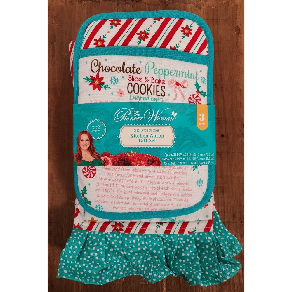 Chocolate Peppermint Cookies Kitchen Apron Gift Set Pioneer Woman Christmas NEW